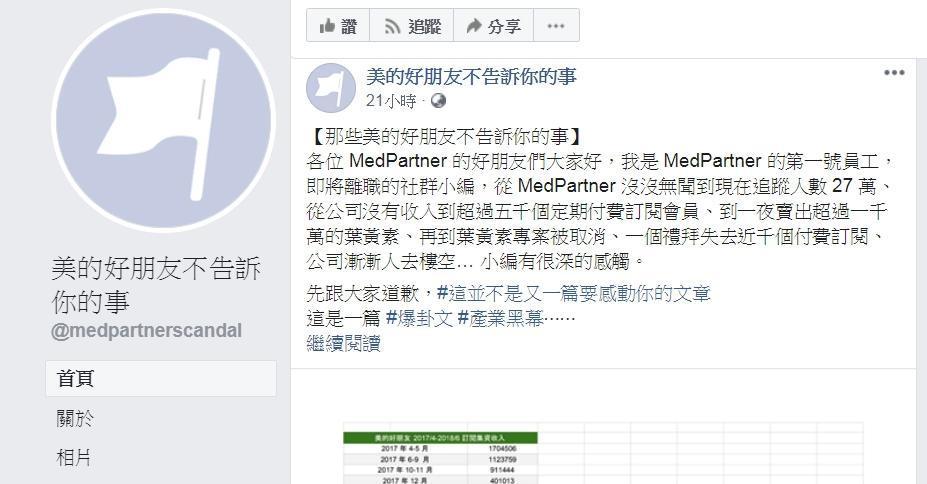 臉書粉專「MedPartner美的好朋友」遭小編爆料，公開許多帳務的黑幕。（翻攝自美的好朋友不告訴你的事粉專）