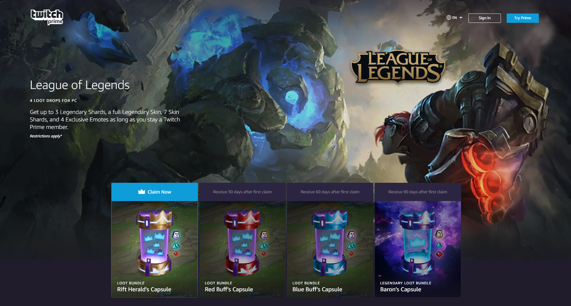 Twitch Prime 訂閱戶能夠獲得《英雄聯盟》4 個戰利箱／膠囊。