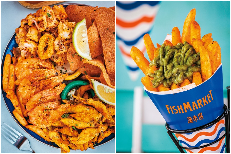 「炸宇宙」吃得到澎湖在地的小管等炸海鮮。（左，360元／大份）。使用澎湖海菜特製的綠浩克醬，跟「漁市場炸薯條」超搭。（右，75元／份）