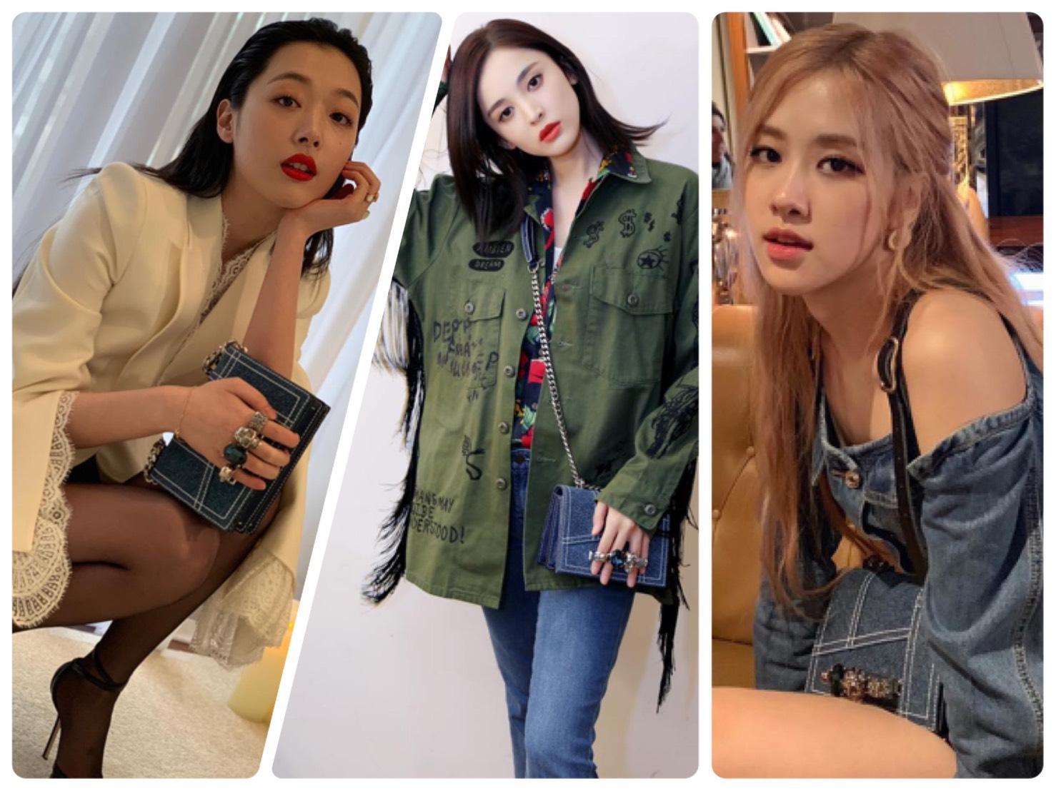 〈左起〉雪莉、古力那扎、ROSE,都以不同方式詮釋Alexander McQueen丹寧鑽石骷髏鍊帶包。〈MINOSHIN美之心提供〉