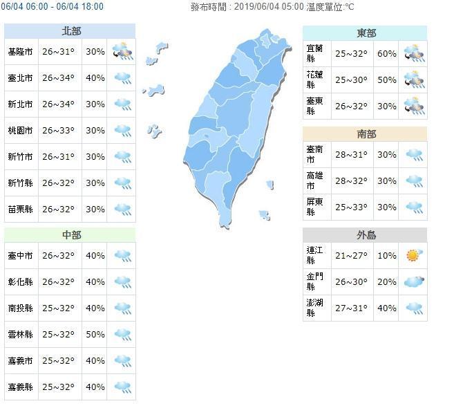 上半天西半部有局部短暫雨,中午過後易出現雷陣雨。(翻攝中央氣象局)