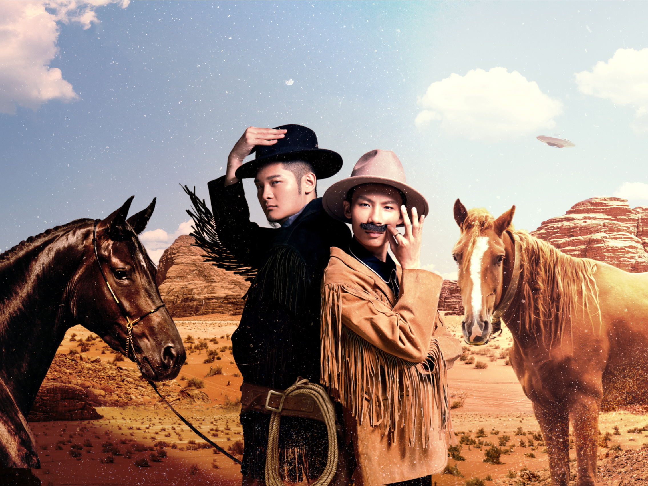 Leo王及春艷顛覆饒舌歌手總以帽子、T恤打扮，為演唱會視覺海報化身西部牛仔。（顏社提供）