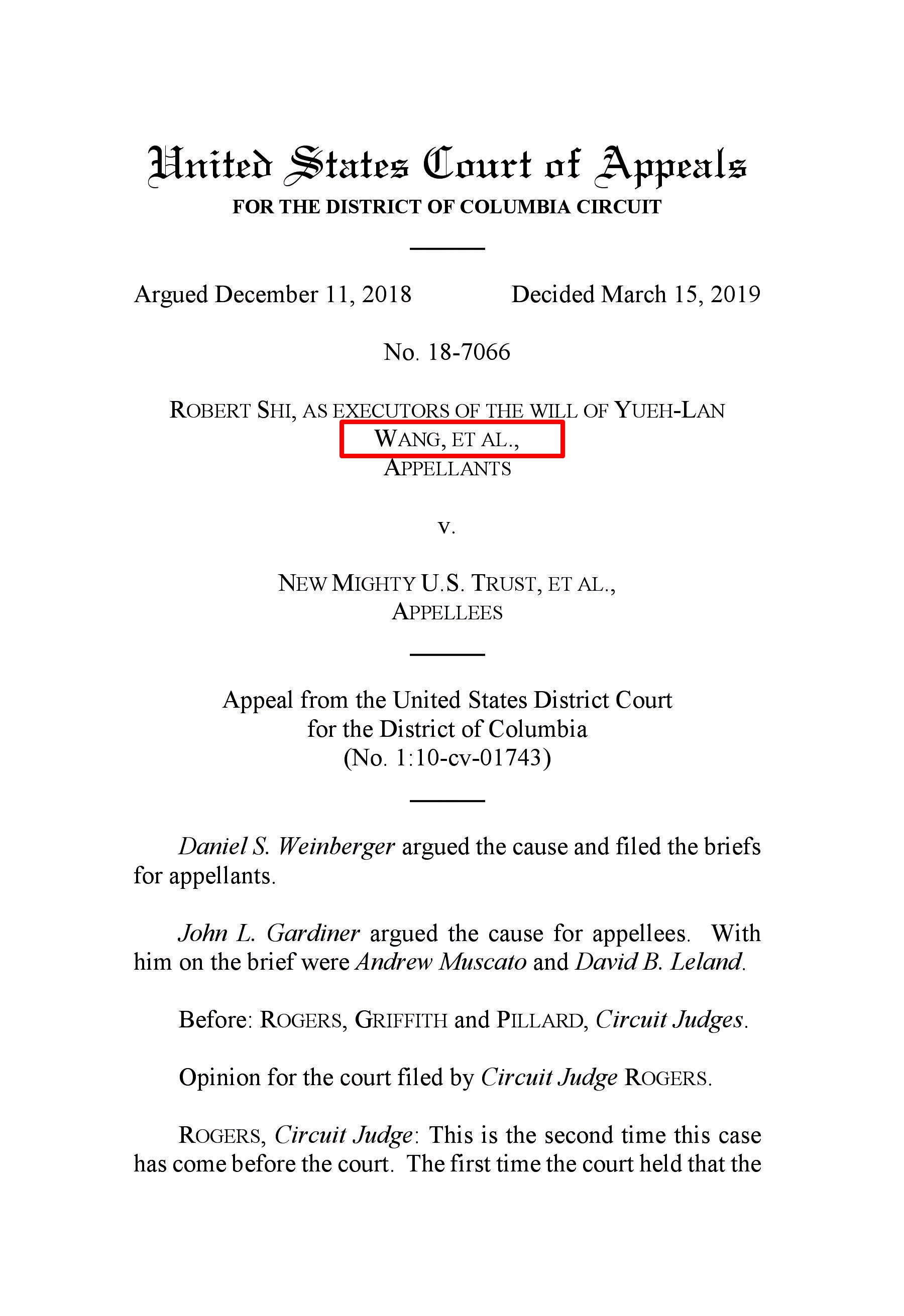 美國哥倫比亞特區聯邦上訴法院裁定書，針對王文洋以王月蘭「WANG,ET AL.」為名（紅框處）提出的爭產訴訟，裁定應實質審理。