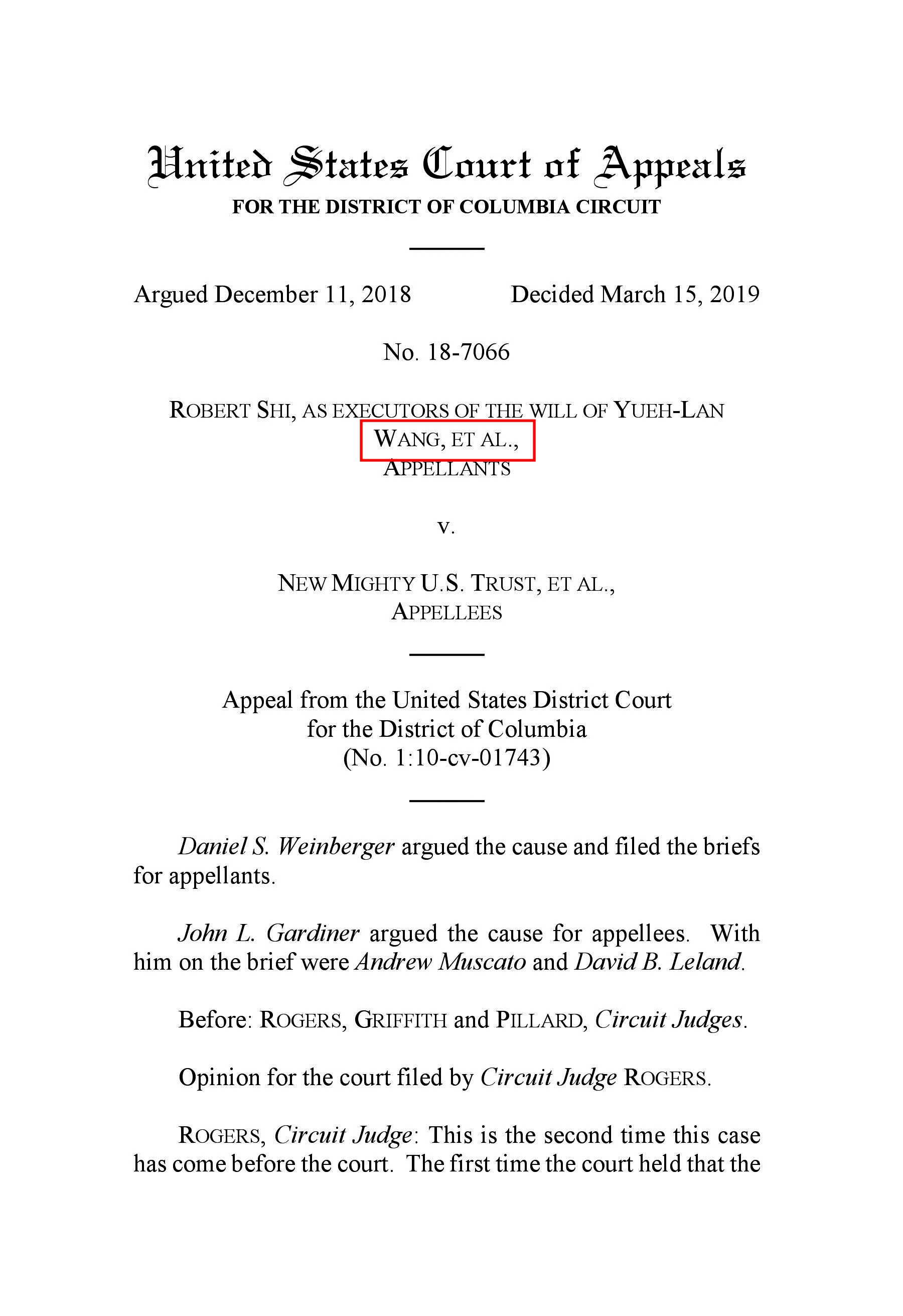 美國哥倫比亞特區聯邦上訴法院裁定書，針對王文洋以王月蘭「WANG,ET AL.」為名（紅框處）提出的爭產訴訟，裁定應實質審理。