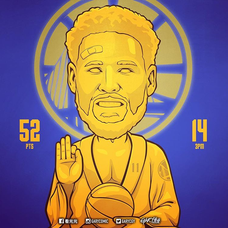 金州勇士射手湯普森(Klay Thompson)因為髮型跟個性,常被PTT鄉民用「佛系」來形容;陳光禹在湯普森以單場14顆三分球打破NBA紀錄後,立刻套用佛祖形象畫了這張圖。(陳光禹提供)
