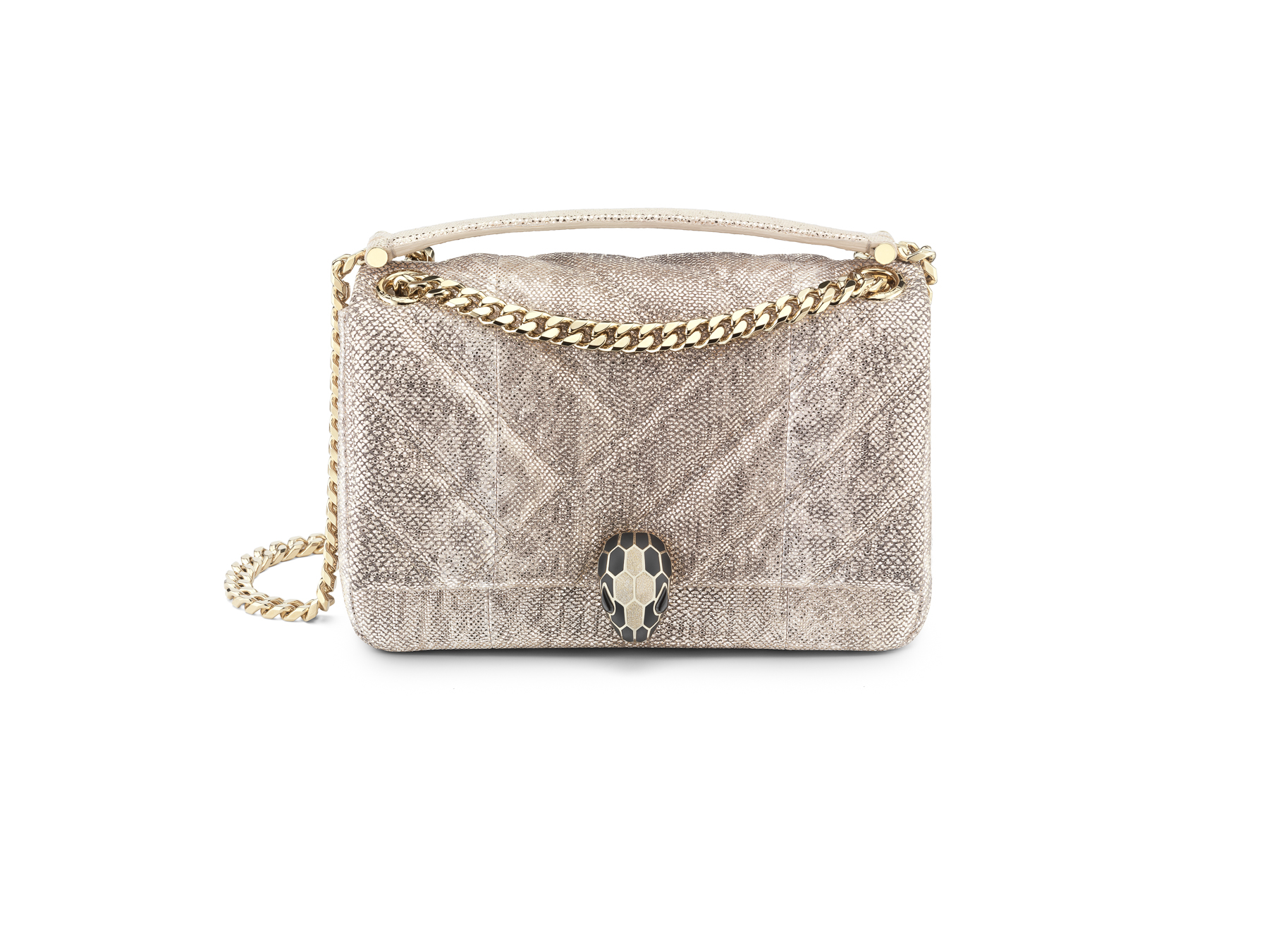 BVLGARI SERPENTI CABOCHON乳蛋白石色金屬水蛇皮肩背包。NT$89,900元（BVLGARI提供）
