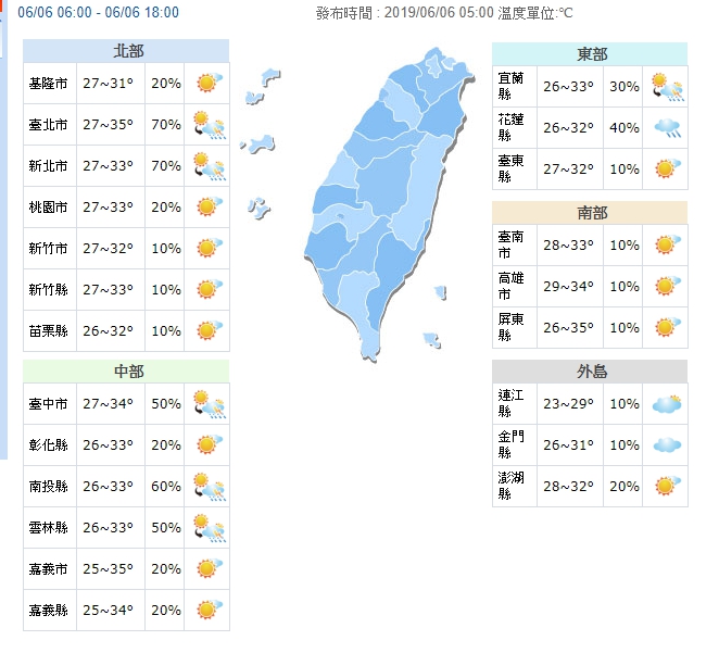 東部有降雨機率，中部以北、和東北部地區有局部雷陣雨。（翻攝中央氣象局）
