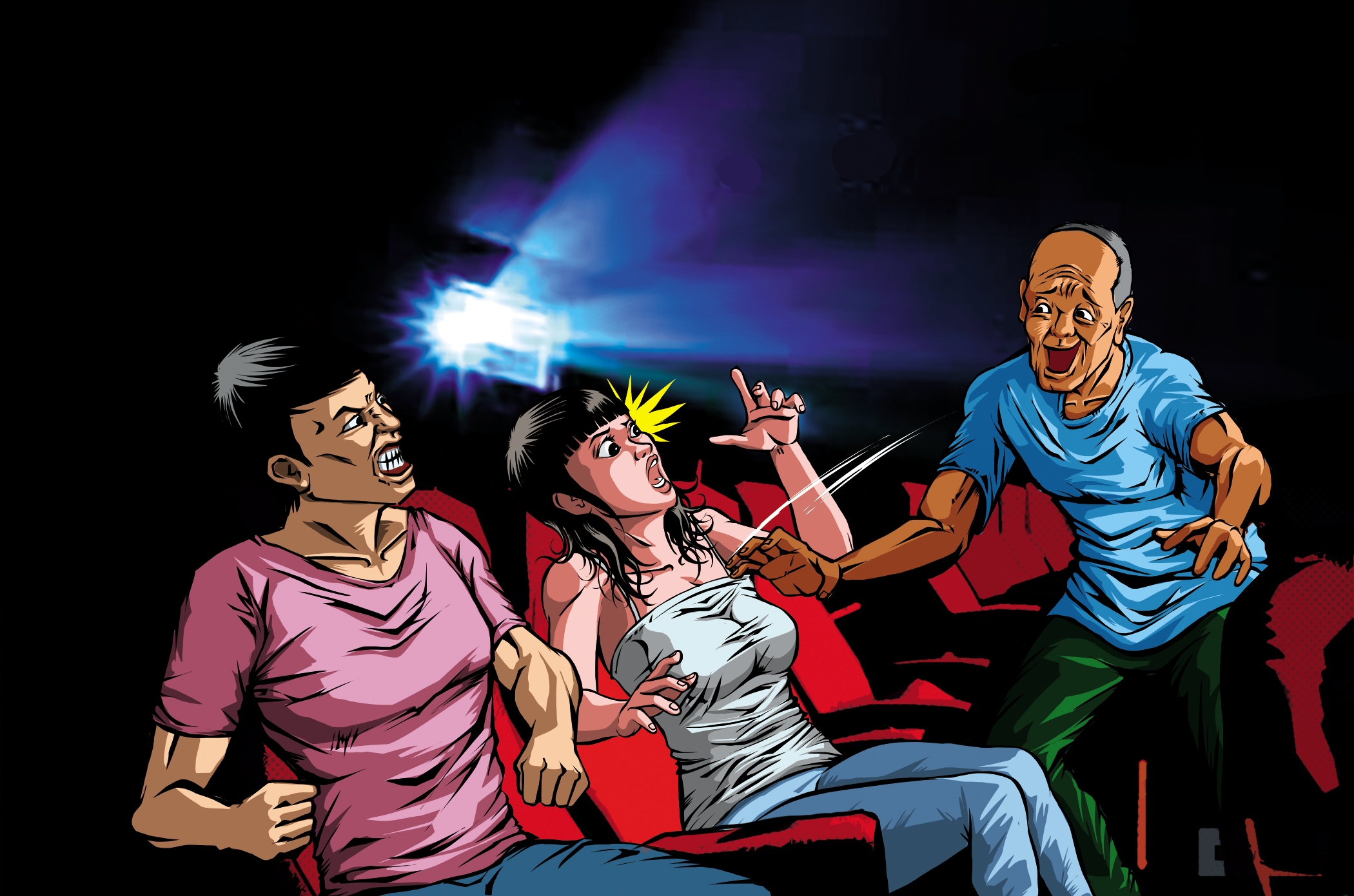 黃姓老翁在電影院對17歲少女伸出五爪襲胸，辯稱光線昏暗找位置才不慎誤碰對方，但法官不採信，認定性騷擾將他判刑3個月。