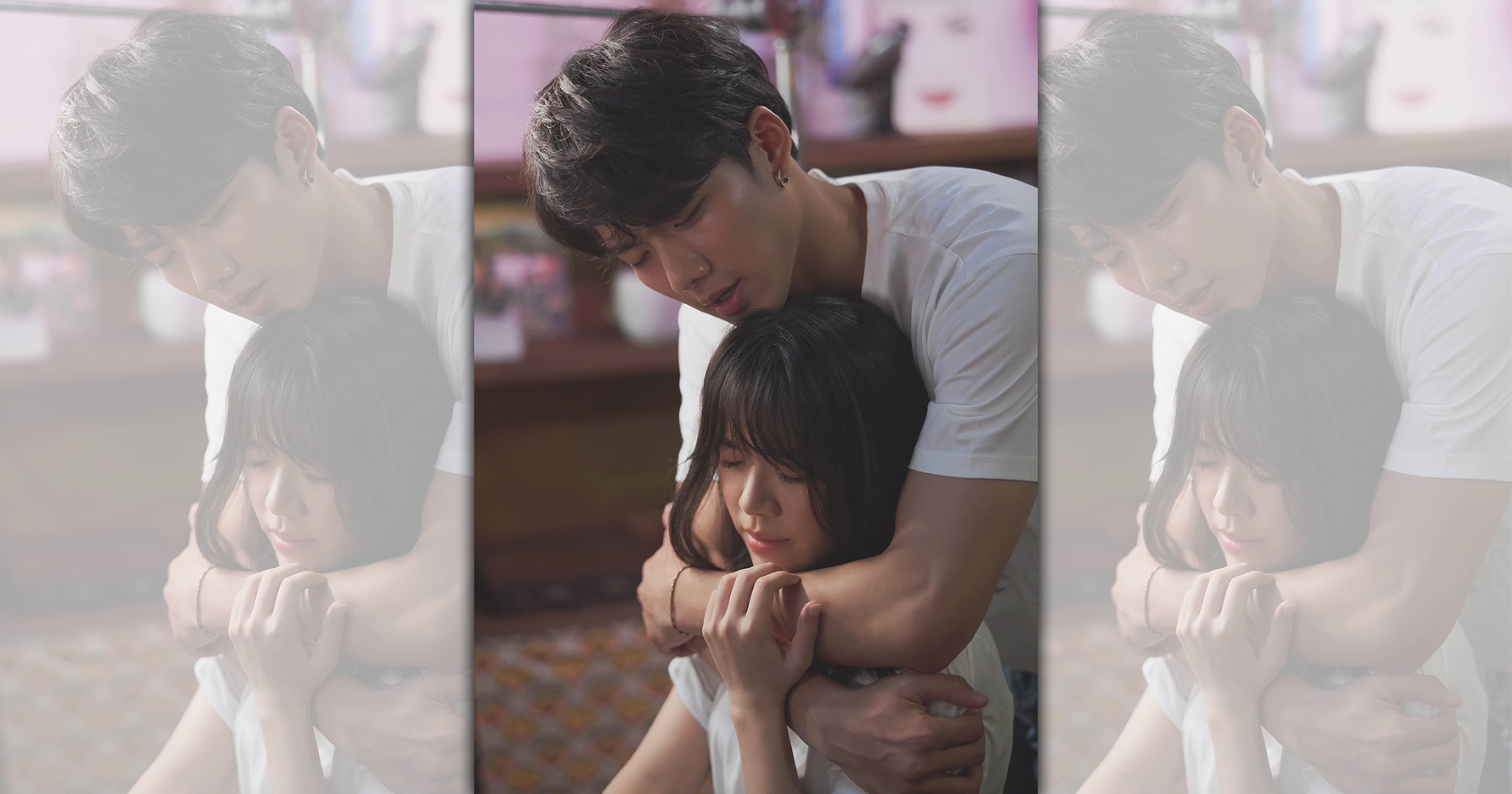 郭修彧拍〈擋箭牌〉MV和吳念軒大搞曖昧，吳念軒從後擁抱大呼「頭髮好香」。（妮樂佛提供）