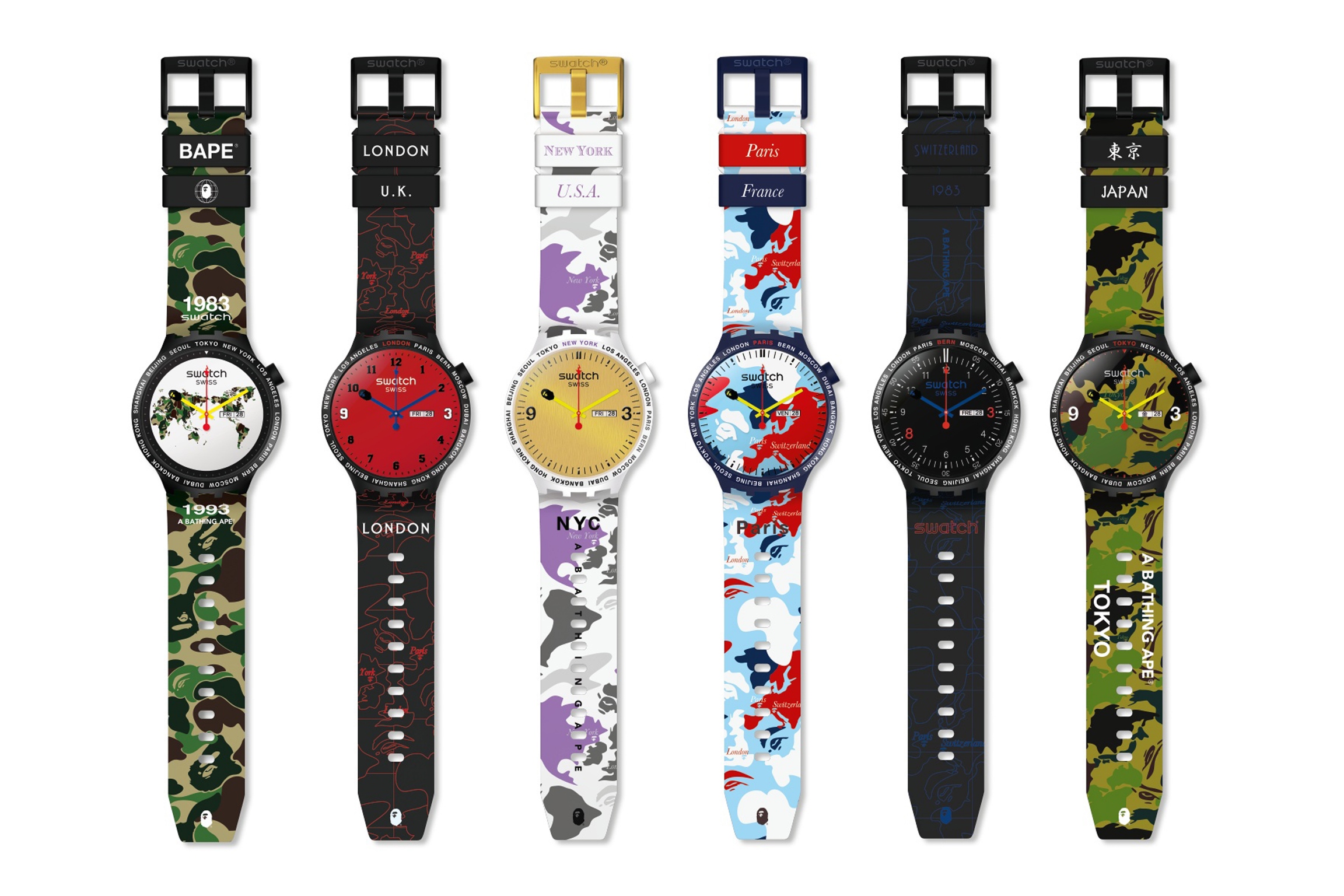 A BATHING APE® x SWATCH全新聯名腕錶系列，共推出六款，包括一款全球款與五款城市款。（I.T Taiwan Limited提供）