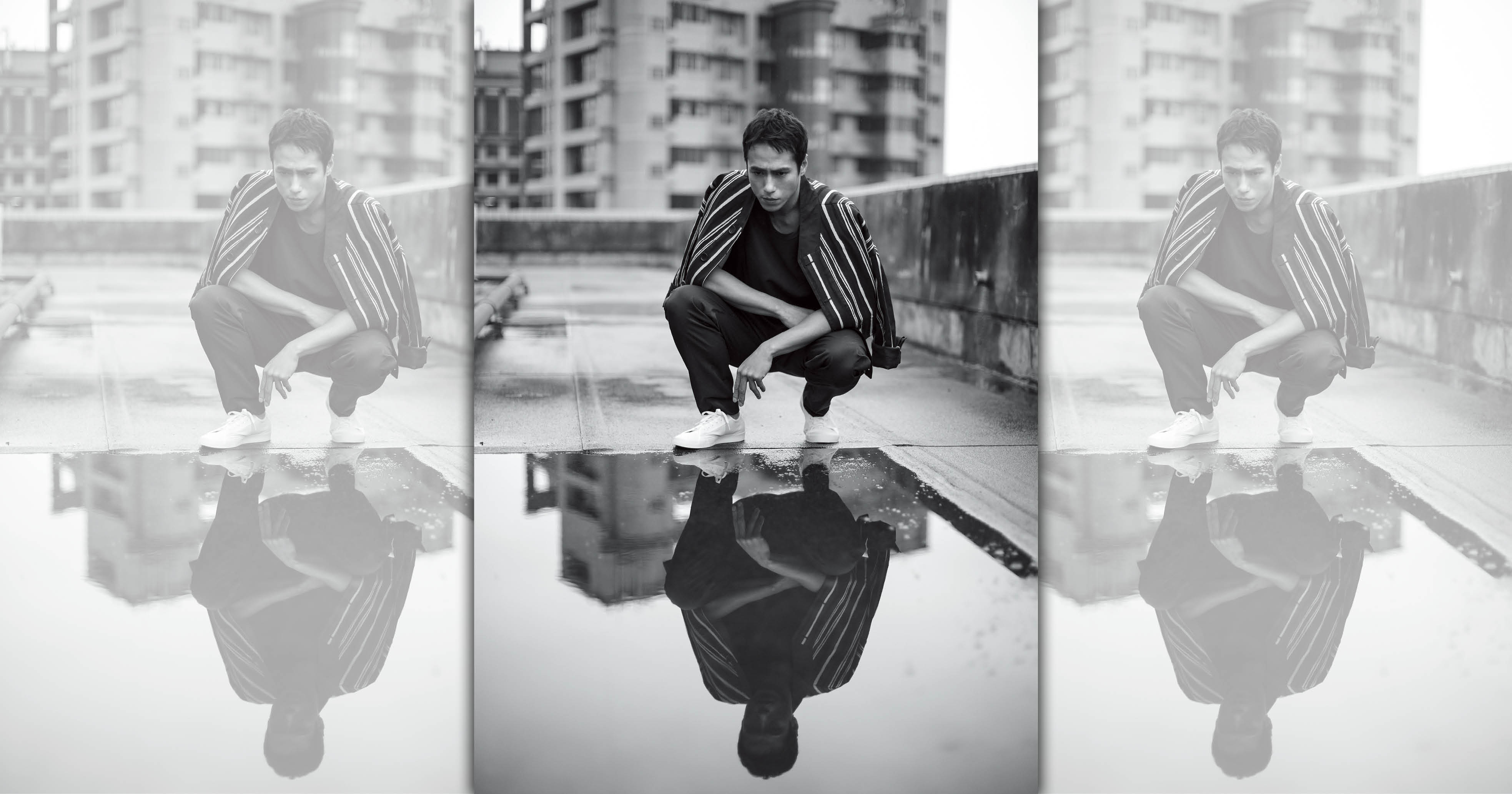 水坑邊的男人莊凱勛。倒影是他也不是他，沒那麼清𥇦的線條，可能也是他心裡希望自己鬆一點的投射。