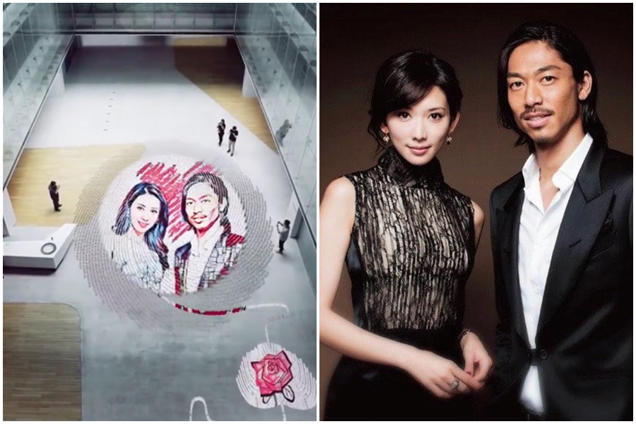 大陸有網紅利用撲克牌打造一場小巧骨牌秀，祝賀林志玲與Akira結婚。（左圖翻攝自曾經的專員微博、右圖翻攝自EXILE-AKIRA微博）