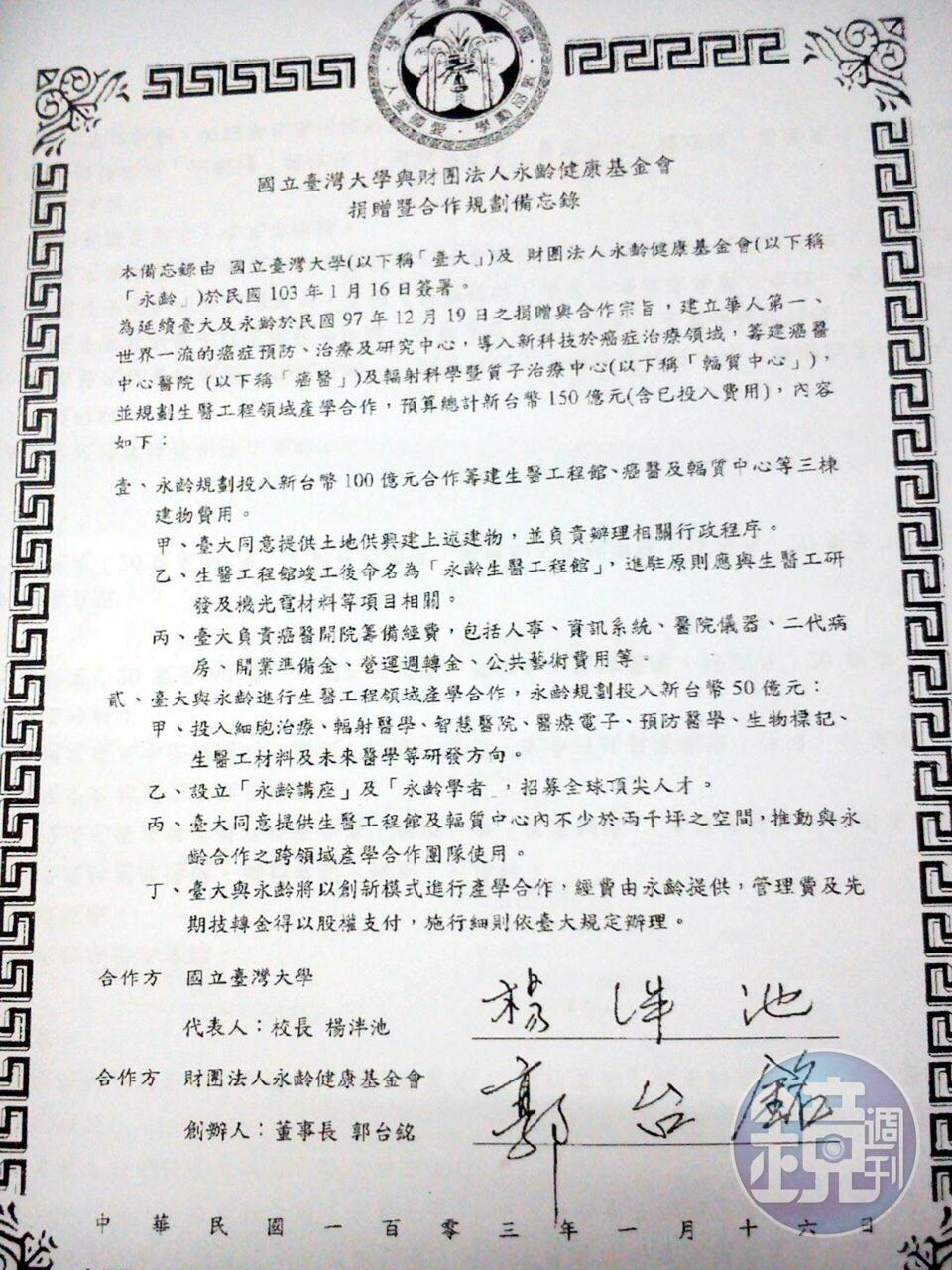 2014年1月16日的備忘錄顯示,永齡捐贈150億元籌建生醫工程館、癌醫及輻質中心等建物費用,而人事、開業準備金等經營相關費用以及醫院儀器等,由台大負責。