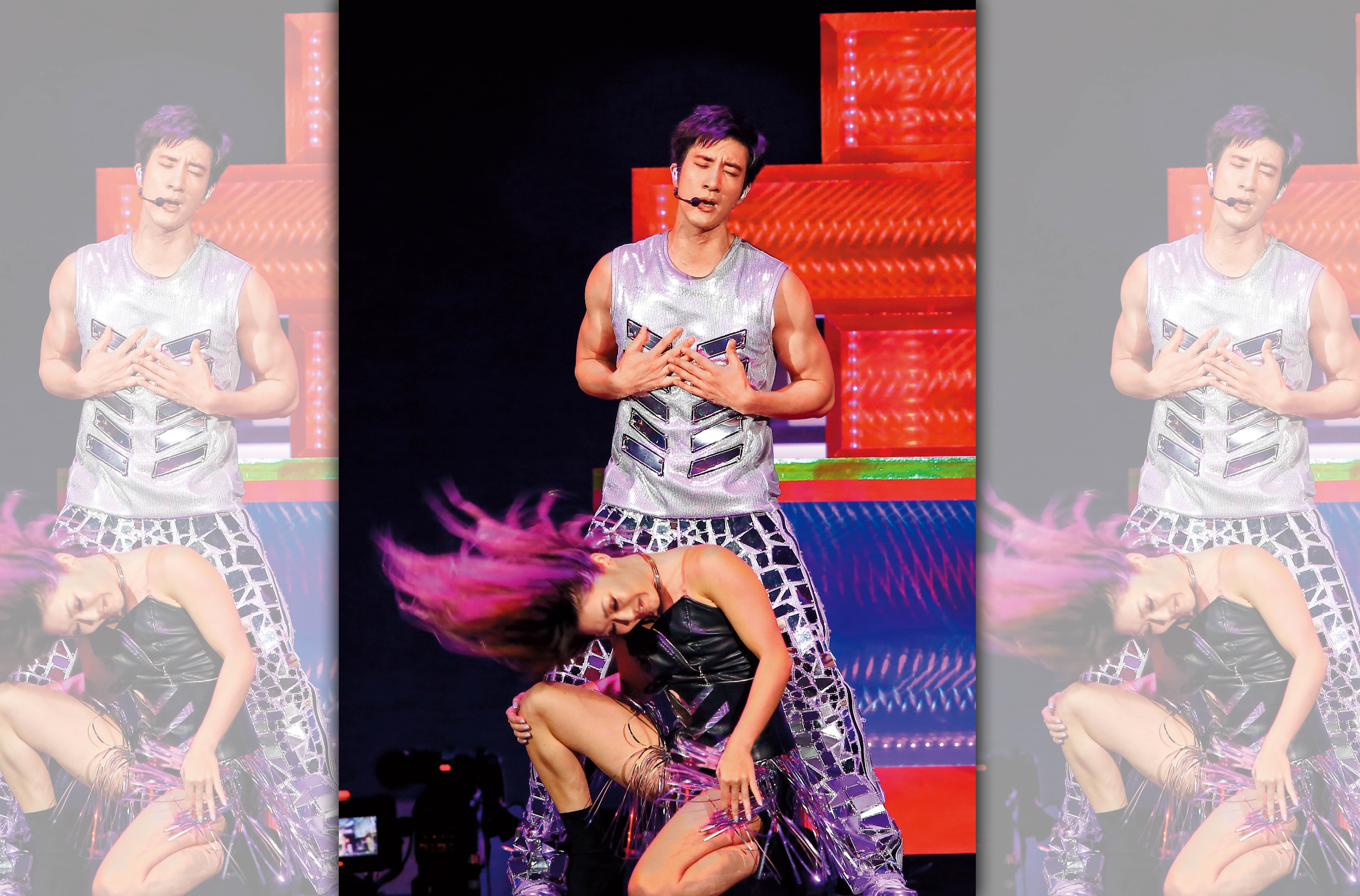 胯下有個馬達速超高的辣妹風火輪，王力宏沒輸她，以雙手陶醉摸奶，頗有女神風範。