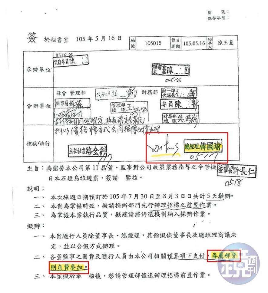 北農公文顯示,韓國瑜在擔任北農總經理時,曾要求眷屬自費參加日本石垣島旅遊(紅框處)。