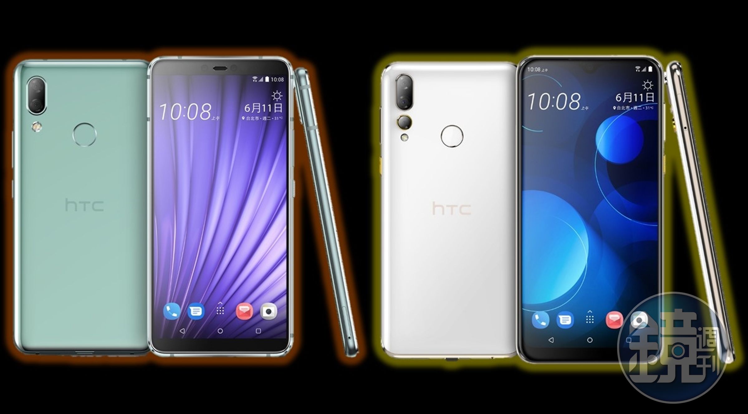 宏達電今年旗艦機還沒亮相，先推U19e（左）搶攻中高階市場；而HTC Desire 19+主力放在中階市場，是HTC首款內建3顆主相機鏡頭。（宏達電提供）