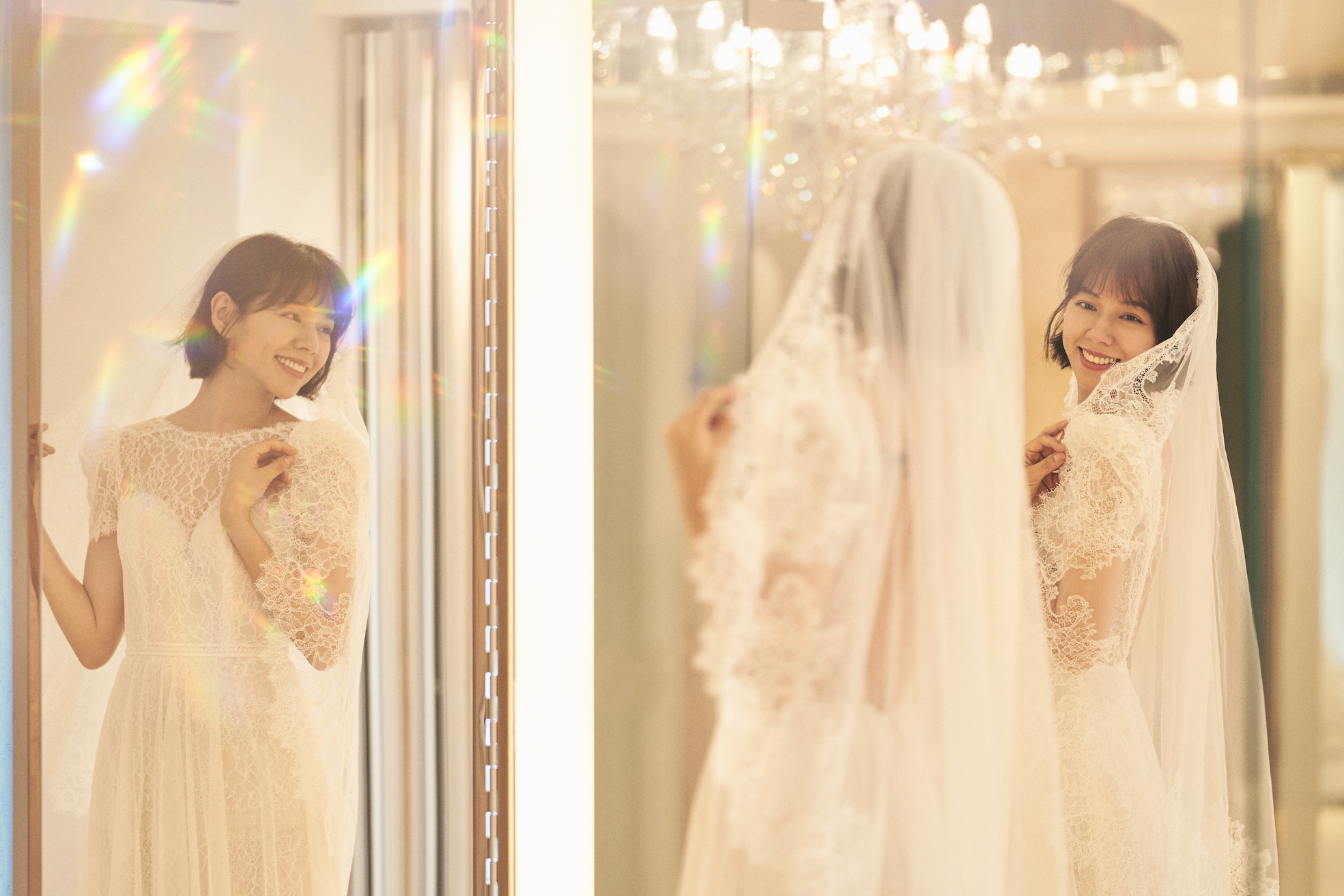 夏于喬試穿婚紗時戴上頭紗，整個人被幸福氛圍圍繞。（Jasmine Galleria提供）