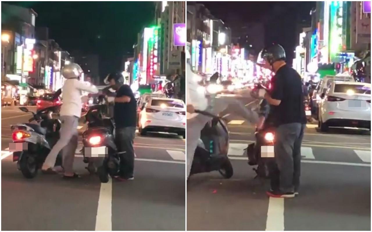 余男拿起擴胸棒猛K諶男的頭,隨後還猛踹對方機車,讓余男除了傷害罪,多被告一條毀損罪。(翻攝自臉書社團)