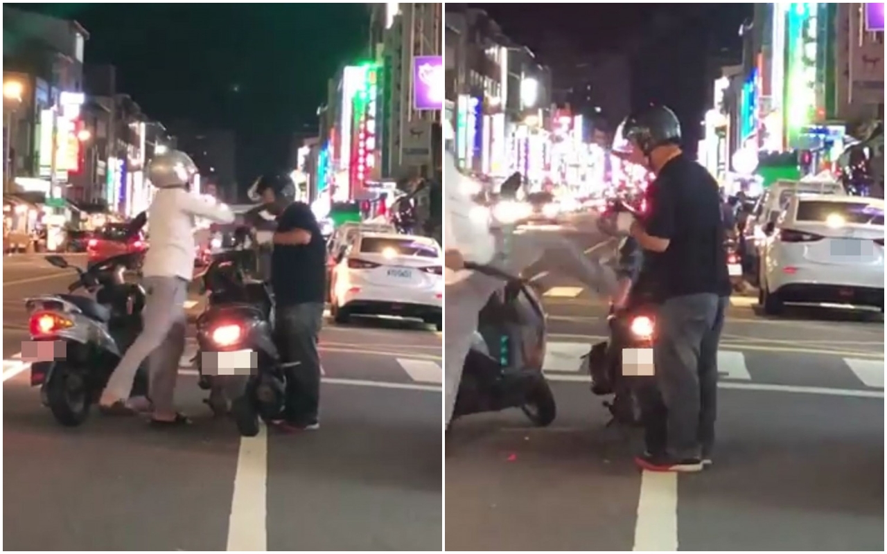 余男拿起擴胸棒猛K諶男的頭，隨後還猛踹對方機車，讓余男除了傷害罪，多被告一條毀損罪。（翻攝自臉書社團）