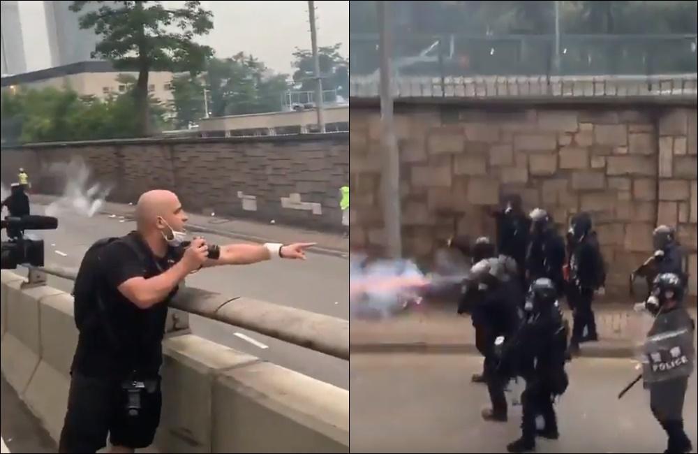 港警針對各國記者開槍清場，有人目擊法國記者毫無畏懼，繼續拿著相機對港警喊話「這是香港，還不是中國」。（翻攝自Youtube）