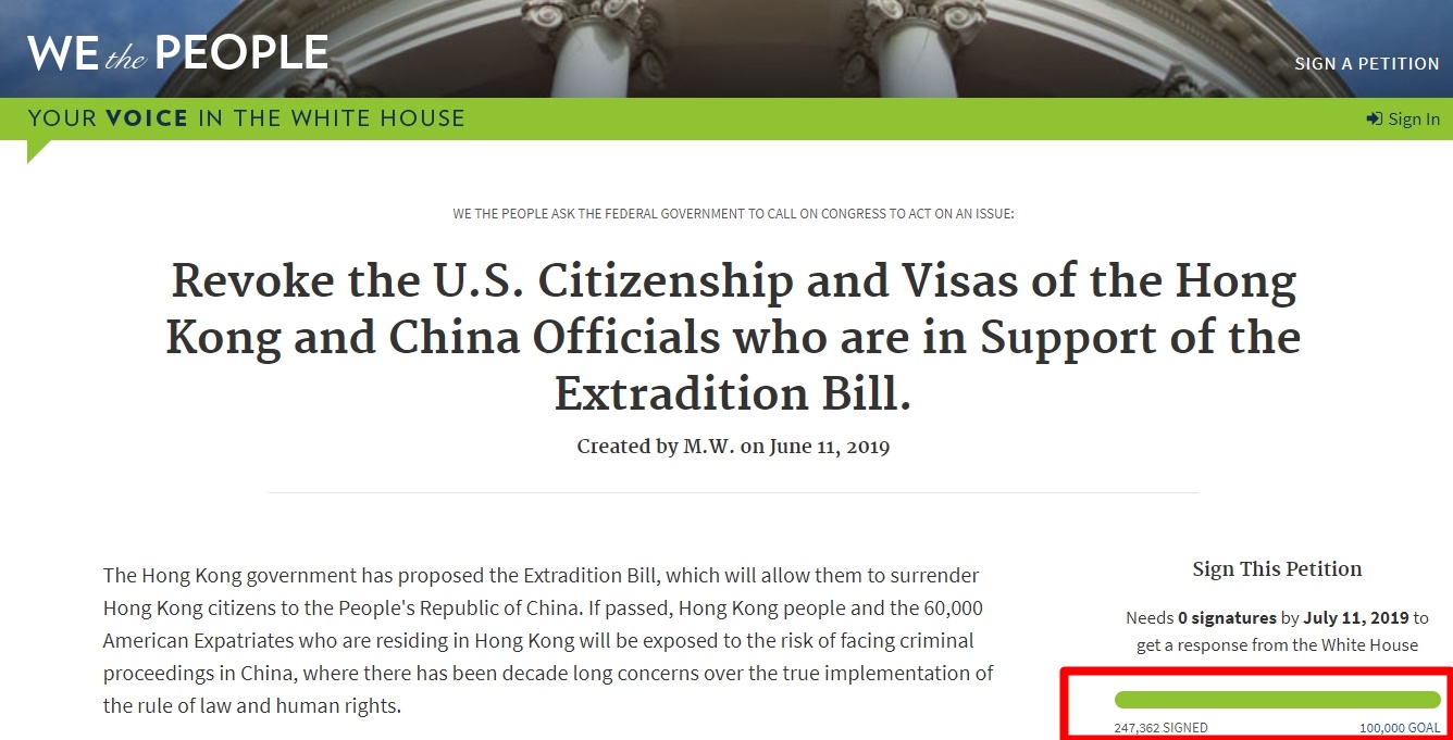 美國有民眾發起請願連署，要求撤銷支持《逃犯條例》的中國和香港官員的美國公民身分及簽證。（翻攝自WE the PEOPLE）