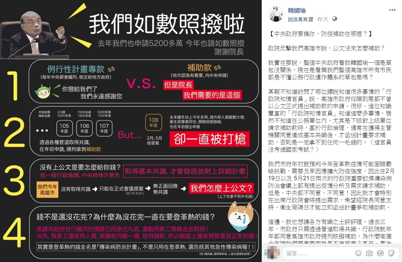 高雄市長韓國瑜於臉書po文痛批中央，將登革熱防疫當成「政治武器」。（翻攝自韓國瑜臉書）