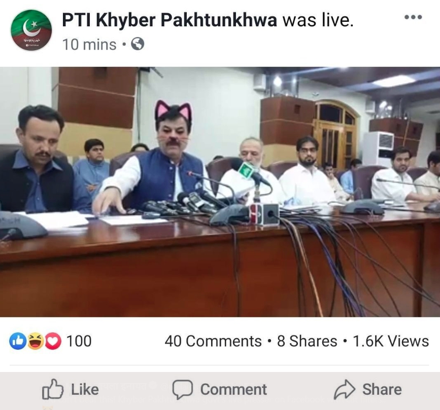 巴基斯坦地方政府日前用臉書進行直播，沒想到直播人員竟忘記將濾鏡關閉，官員瞬間變身「喵星人」。（翻攝自推特）