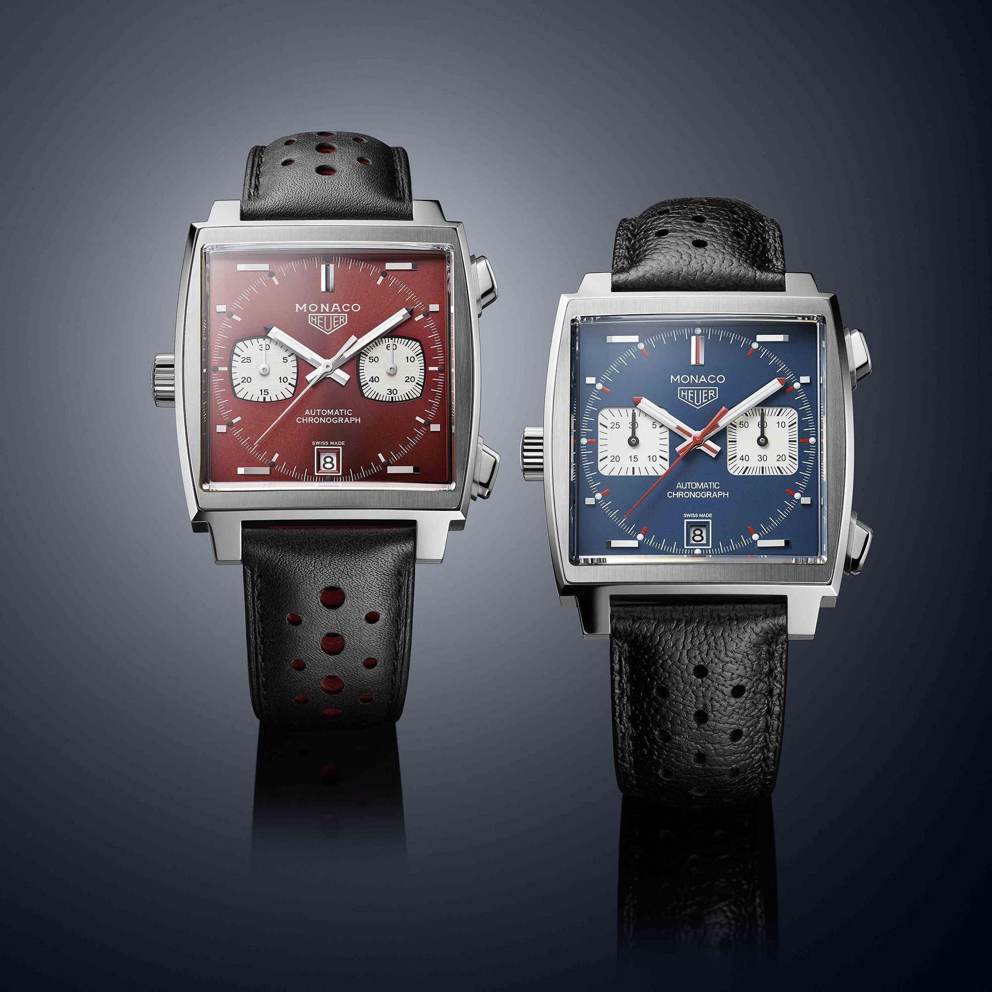 豪雅Monaco 50週年第二款限量作品:1979-1989特別版(左),以及1969年Monaco原版腕錶(右)。