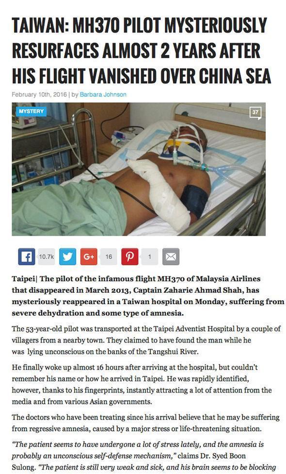 一個嘲諷新聞報導稱MH370客機的機師失憶在台灣的醫院接受治療,在馬來西亞引發風波。(網路截圖)