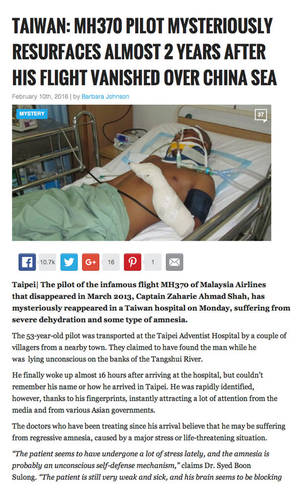 一個嘲諷新聞報導稱MH370客機的機師失憶在台灣的醫院接受治療，在馬來西亞引發風波。（網路截圖）