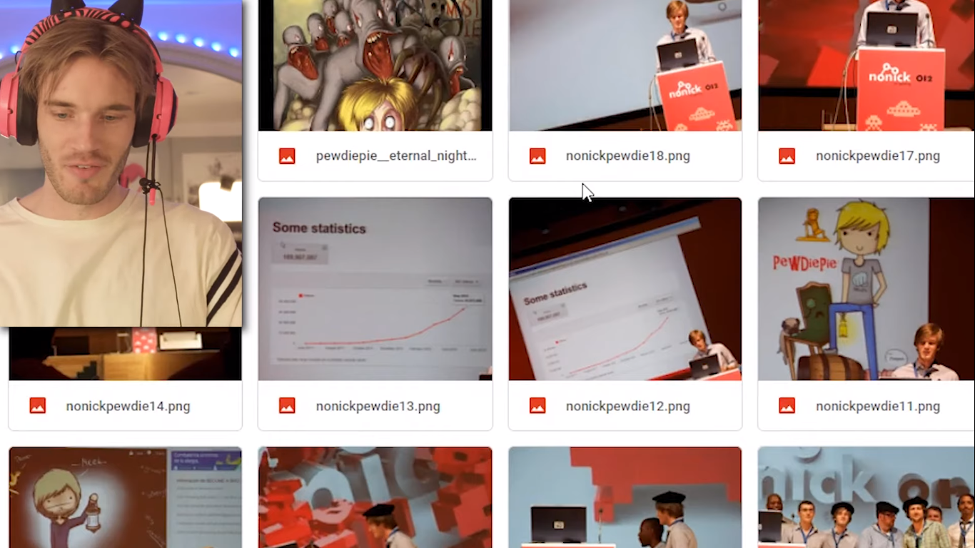  PewDiePie 翻到 2012 年演講的黑歷史，他要粉絲「不要 Google！」。（翻攝 PewDiePie YouTube）