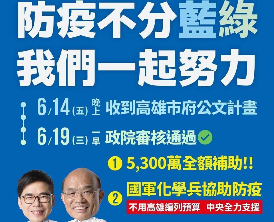 蘇貞昌於臉書po文宣布，行政院已審核通過登革熱補助，強調「高雄市需要的5,300萬經費，#全額補助。」（翻攝自蘇貞昌臉書）