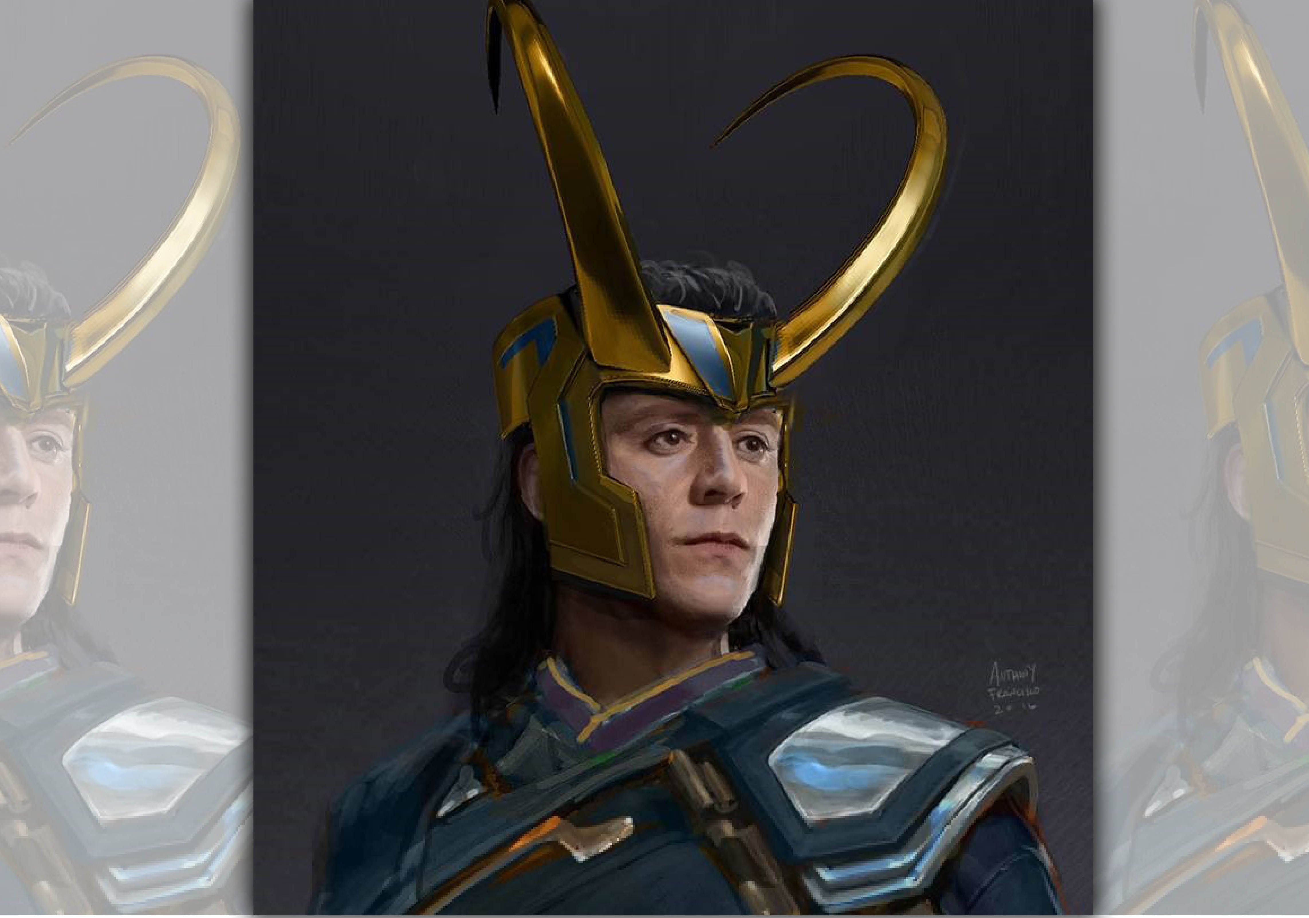 安東尼幫洛基刻意把洛基的衣服線條設計成斜角，反映內心情感的不平衡，他也替洛基設計新頭盔。（HCW國際講座提供）