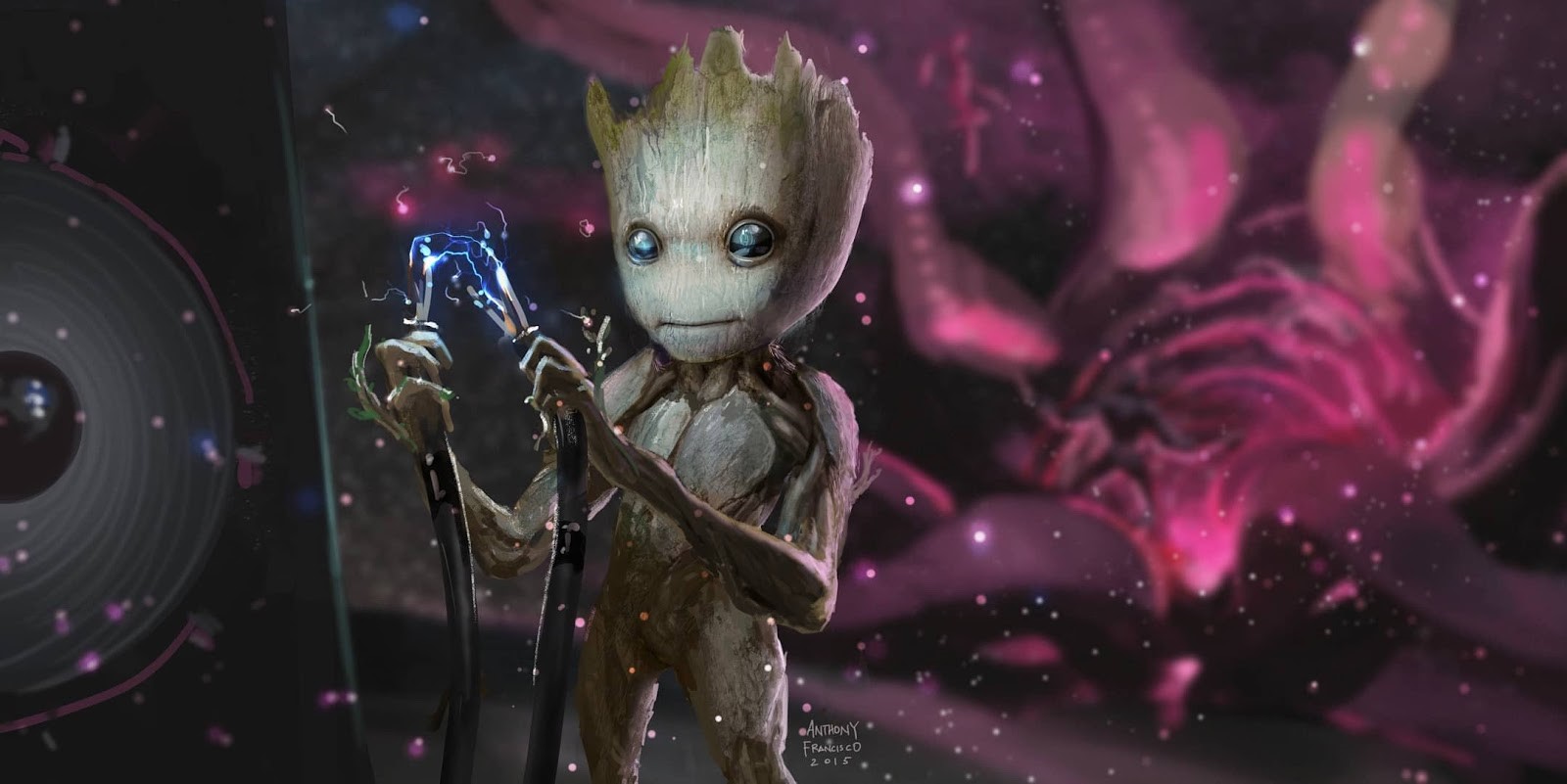 漫威視覺設計師安東尼弗朗西斯科設計的角色以《星際異攻隊2》的小格魯特最具代表。（ HCW國際講座提供）