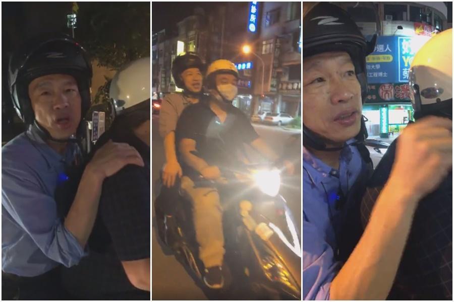 高雄市長韓國瑜昨(20日)晚頭戴安全帽、坐在機車後座,用自己的「屁股」檢查路平。(翻攝自韓國瑜臉書)