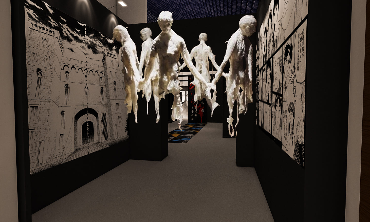 「金田一少年之事件簿探偵大展」將在台北華山登場,策展團隊表示,以裝置藝術恐怖美學的概念提升展覽質感。(金田一少年之事件簿探偵大展製作委員會提供)