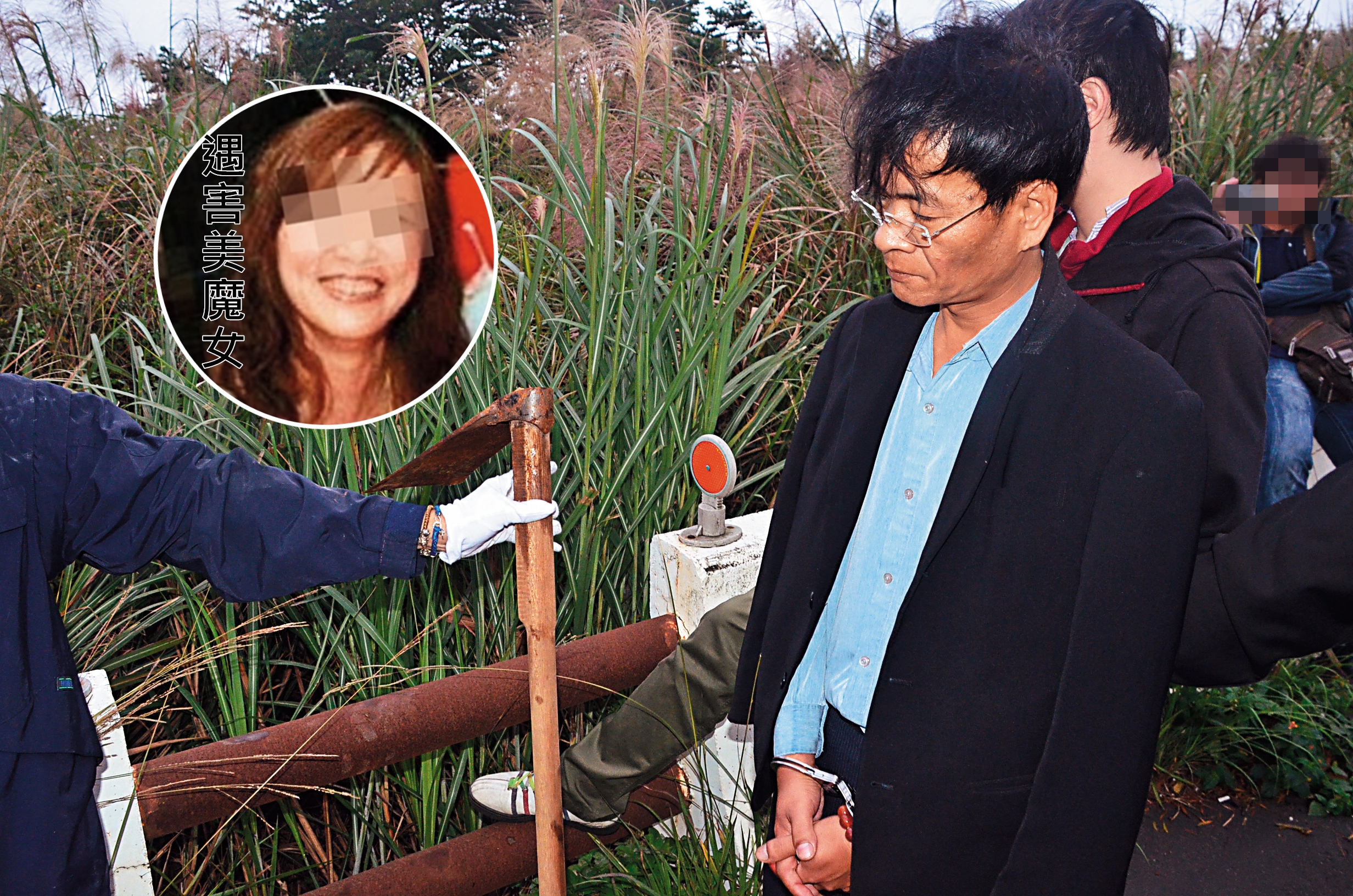 黃建河徒手掐死外遇對象遭逮後，被警方帶往山區尋找埋屍用的鋤頭。（翻攝畫面）