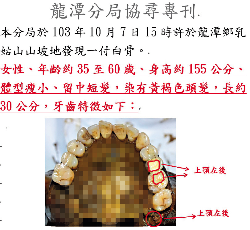 為確認身分,警方當年發布協尋專刊,公布白骨的牙齒特徵,盼能掌握線索。(警方提供)