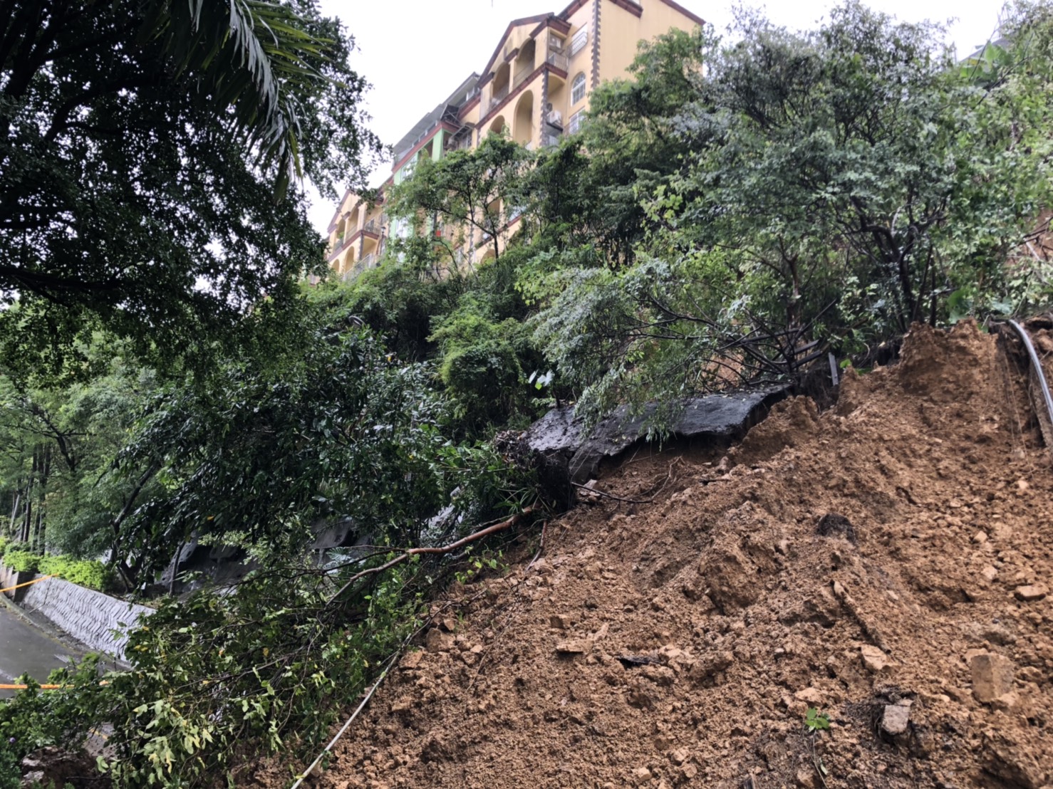 新北市汐止區秀山路24日驚傳邊坡土石大量崩落，當地151戶居民出入一度受阻。（新北市府提供）