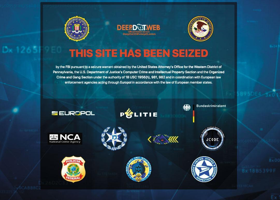 美國FBI、國際刑警組織日前將提供暗網網址的DeepDot Web封鎖，圖為封鎖頁面。（翻攝畫面）