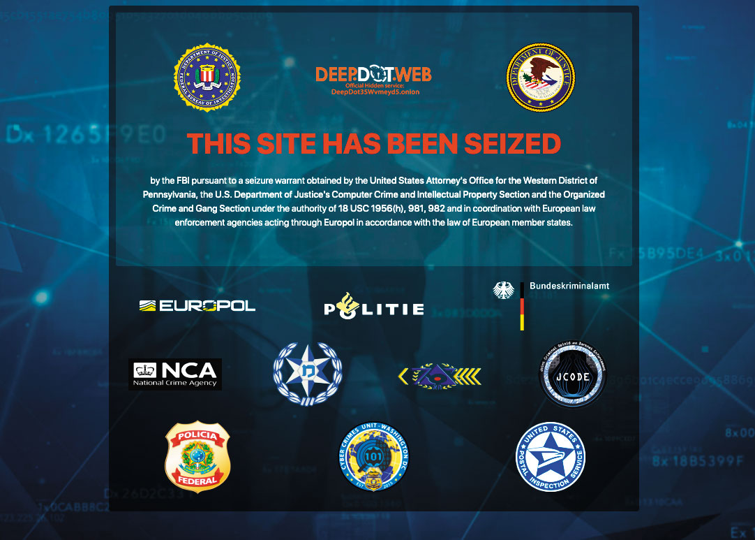 美國FBI、國際刑警組織日前將提供暗網網址的DeepDot Web封鎖，圖為封鎖頁面。（翻攝畫面）