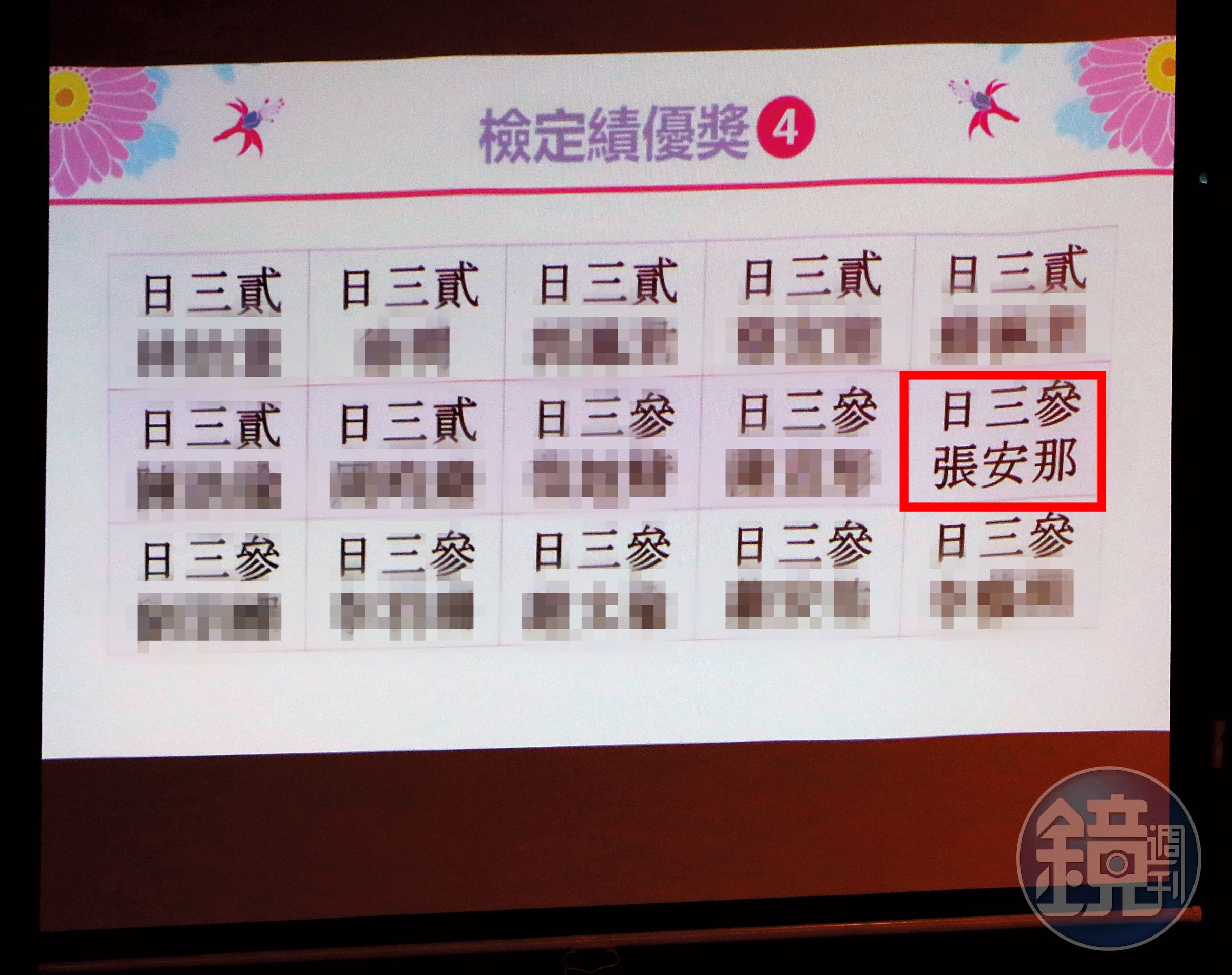 安那看似台上風光領獎，但本刊捕捉到她領的是檢定績優獎。據查，她讀的是私立金甌女子高級中學。