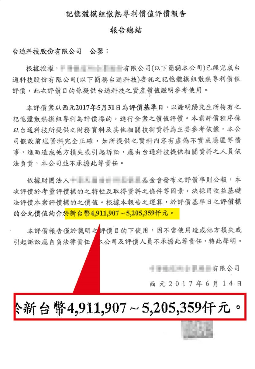 謝明陽將5項跨國專利委託知名徵信公司鑑價，估計介於49億到52億元間，成為他招攬金主投資的最大利器。
