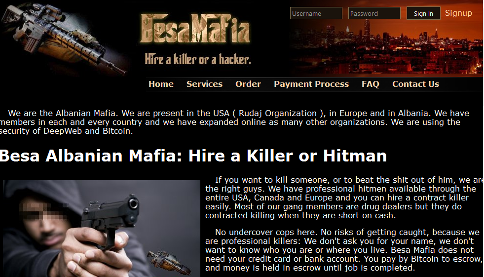 Besa Mafia在暗網的網站，網頁宣稱可根據客戶需求打人甚至殺人。資安專家認為這個網站純屬黑吃黑的詐騙網站。（網路截圖，riskbasedsecurity）