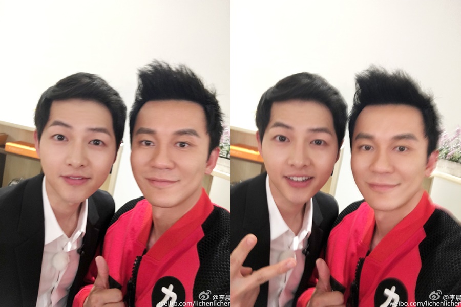 李晨和宋仲基2人同一天宣布離婚、分手，3年前一張合照被網友認為神預言。（翻攝自李晨微博）