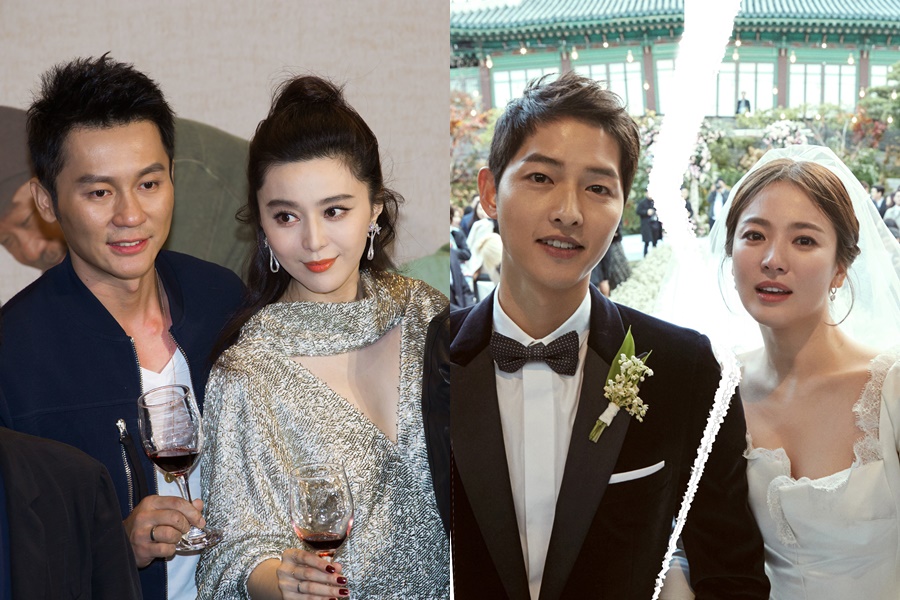 韓星宋仲基和宋慧喬夫婦（右）、中國藝人范冰冰和李晨（左）不約而同選在昨（27）日公開離婚、分手訊息。（東方IC）