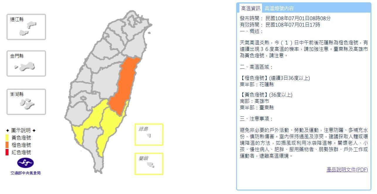 中央氣象局針對部分地區發布「高溫警示」,花蓮縣亮橘色燈號,已連續3日36度以上;高雄市及台東縣也有望突破36度,紛紛亮起黃色燈號。(翻攝自中央氣象局)