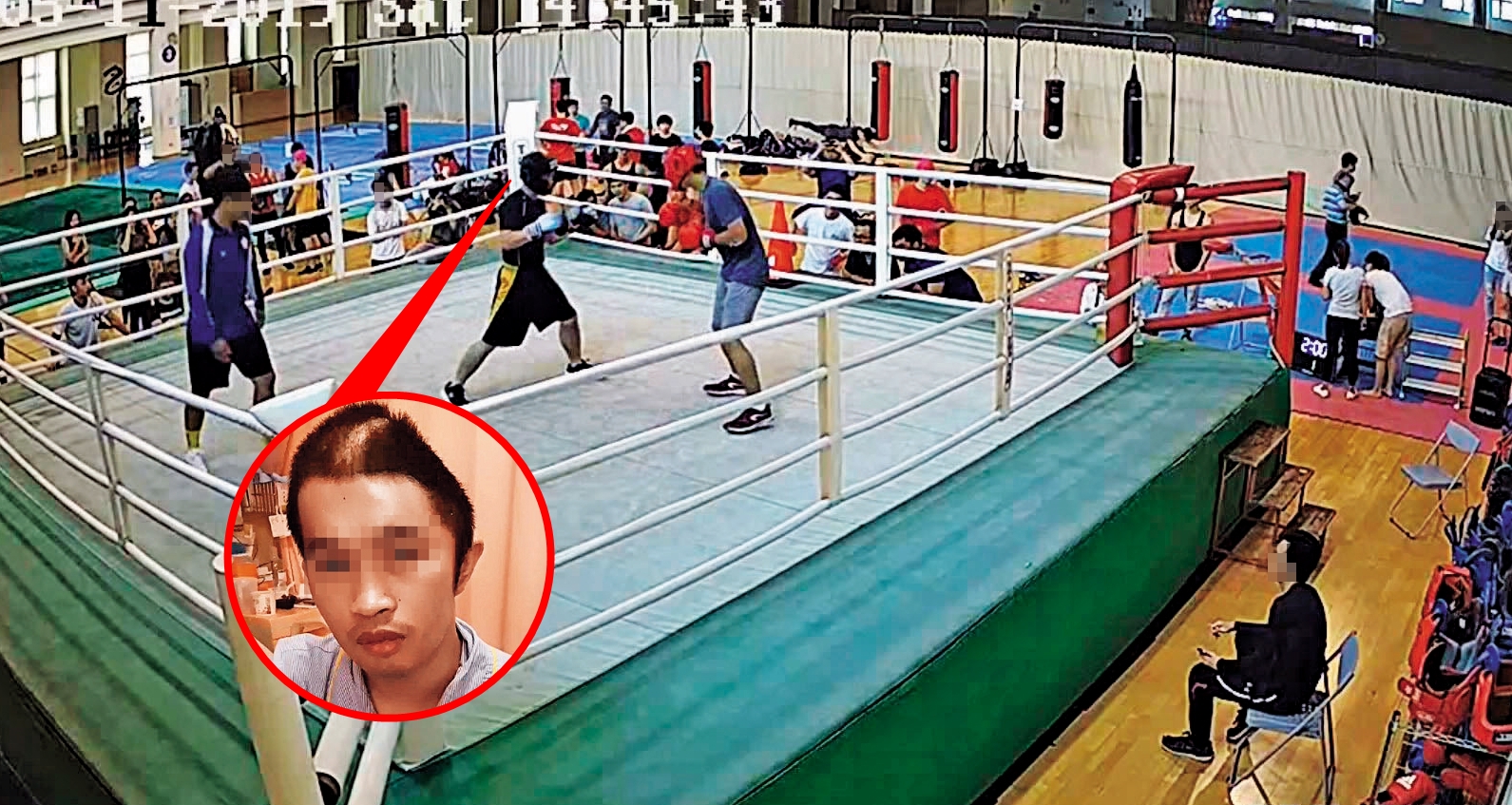 淡大自由搏擊社為推廣拳擊運動，主辦了跨校交流賽，不料，阿瑞（黑衣者）比賽3場後，發生憾事。（翻攝畫面）