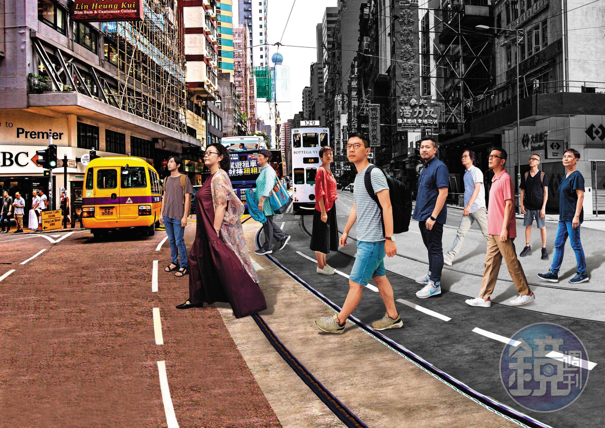 今年是香港主權移交中國第22年，我們採訪了10位香港人，聽他們述說22年來的改變。背景是德輔西街及皇后街交界的合成圖，右邊是1997年街景，左邊則是當前樣貌。（右圖翻攝自香港舊照片粉絲專頁）