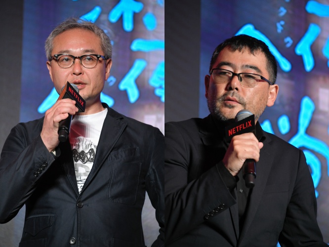 《深夜食堂：東京故事》導演松岡錠司（左），《AV帝王》導演武正晴（右），對於跟在Netflix合作拍戲，都有不同的想法。（Netflix提供）